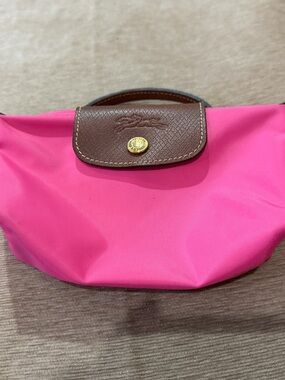 Longchamp Pink Nylon Cosmetic Pouch with Brown Leather Flap